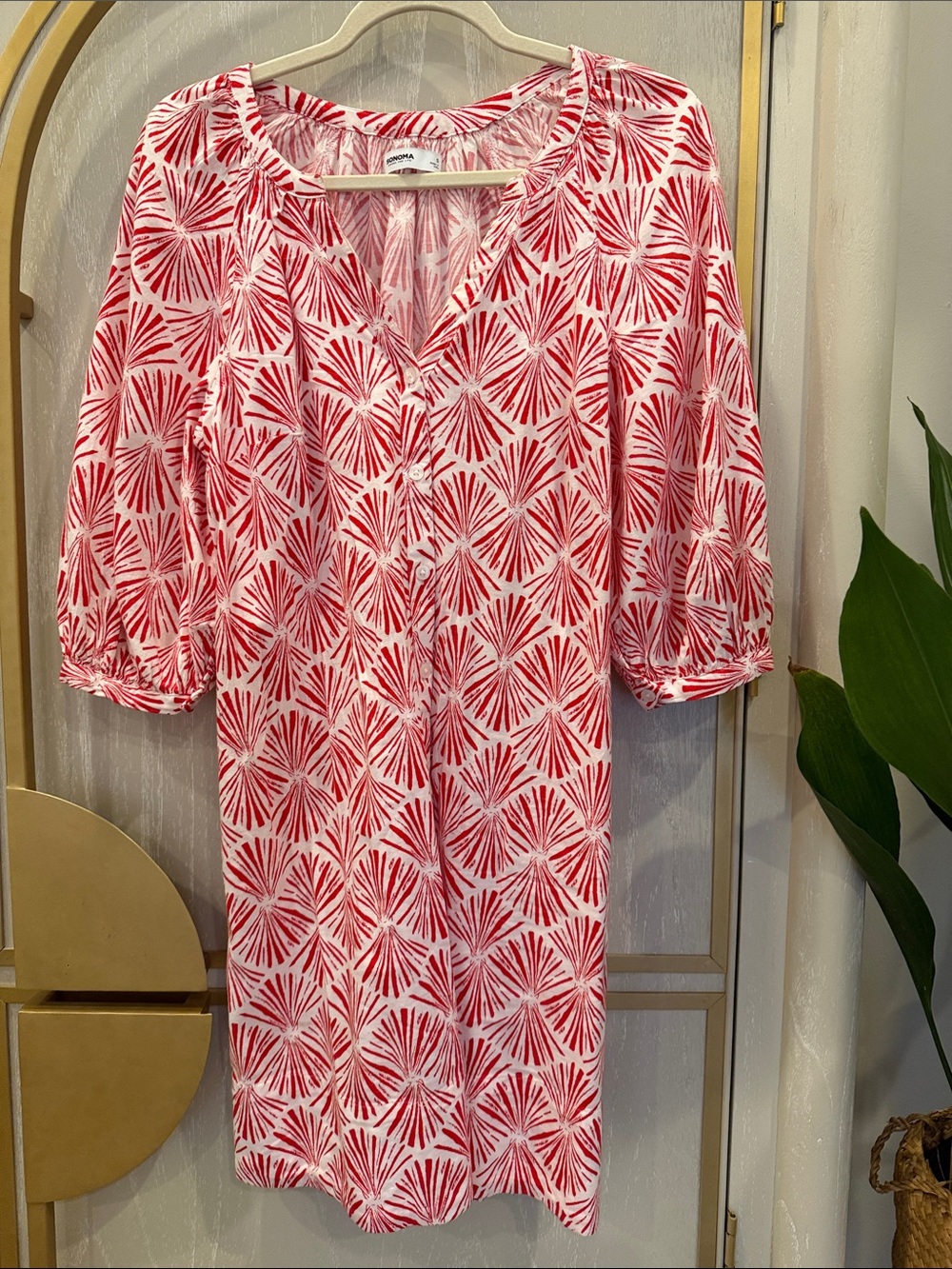Sonoma Goods for Life Red and White Shell Printed linen look Dress size S.